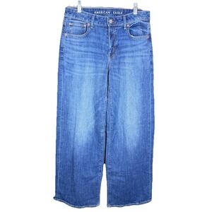 American‎ Eagle Low Rise Baggy Wide Leg Jeans Womens 2 Blue Raw Hem